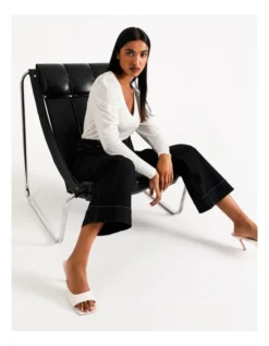 Basque Top Stitch V Neck Top Ecru