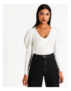 Basque Top Stitch V Neck Top Ecru -Basque Store Online 887000140 6 720x928