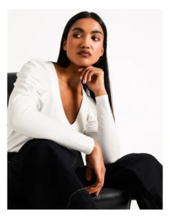 Basque Top Stitch V Neck Top Ecru -Basque Store Online 887000140 7 720x928