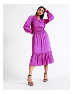 Basque Shirred Waist Button Through Midi Dress In Pink