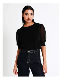 Basque Puff Sleeve Recycled Blend Top In Black