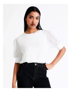 Basque Puff Sleeve Recycled Blend Top In Ivory