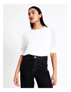 Basque Puff Sleeve Recycled Blend Top In Ivory -Basque Store Online 913803130 4 720x928