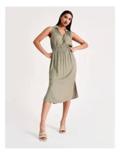 Basque Shirred Waist Recycled Blend Satin Midi Dress In Sage