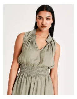 Basque Shirred Waist Recycled Blend Satin Midi Dress In Sage -Basque Store Online 918825490 3 720x928