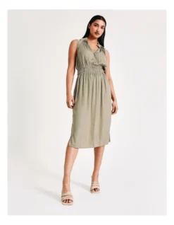 Basque Shirred Waist Recycled Blend Satin Midi Dress In Sage -Basque Store Online 918825490 4 720x928