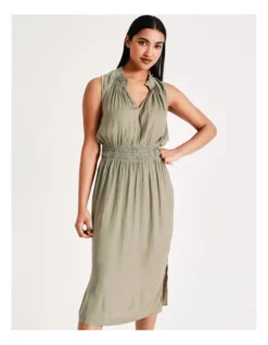 Basque Shirred Waist Recycled Blend Satin Midi Dress In Sage -Basque Store Online 918825490 5 720x928