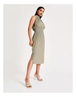 Basque Shirred Waist Recycled Blend Satin Midi Dress In Sage -Basque Store Online 918825490 6 720x928