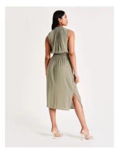 Basque Shirred Waist Recycled Blend Satin Midi Dress In Sage -Basque Store Online 918825490 7 720x928