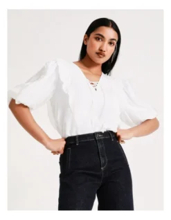 Basque Ruffle Lace Up Blouse In Ivory