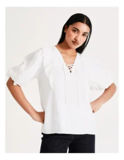 Basque Ruffle Lace Up Blouse In Ivory -Basque Store Online 918833950 5 720x928