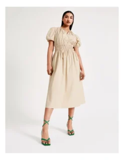 Basque Puff Sleeve Cotton Midi Dress In Beige