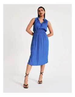 Basque Shirred Waist Recycled Blend Satin Midi Dress In Cobalt