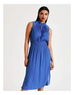 Basque Shirred Waist Recycled Blend Satin Midi Dress In Cobalt -Basque Store Online 924718150 5 720x928