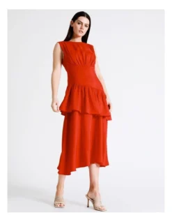Basque Linen Blend Tiered Midi Dress In Red -Basque Store Online 924720760 3 720x928