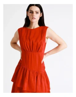 Basque Linen Blend Tiered Midi Dress In Red -Basque Store Online 924720760 4 720x928