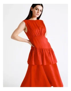 Basque Linen Blend Tiered Midi Dress In Red -Basque Store Online 924720760 5 720x928