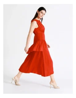 Basque Linen Blend Tiered Midi Dress In Red -Basque Store Online 924720760 6 720x928