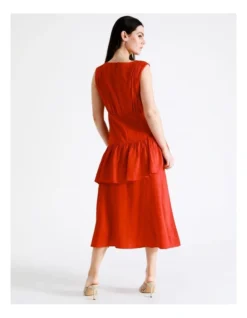 Basque Linen Blend Tiered Midi Dress In Red -Basque Store Online 924720760 7 720x928