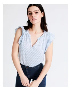 Basque Organic Cotton Blend Ruffle Shoulder Top In Assorted