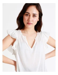 Basque Organic Cotton Blend Ruffle Shoulder Top In White