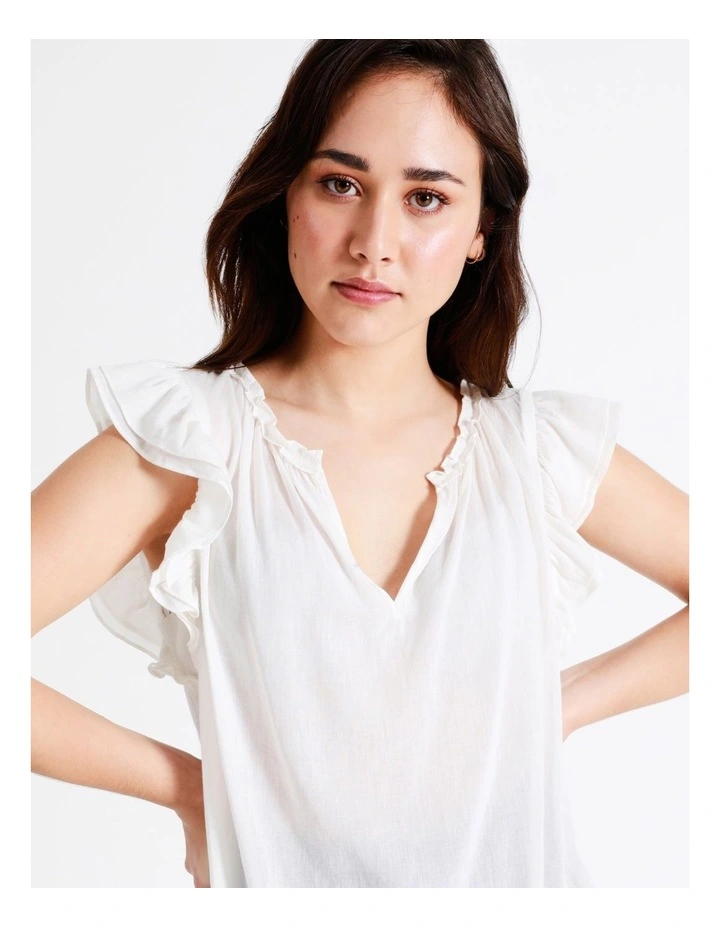 Basque Organic Cotton Blend Ruffle Shoulder Top In White 3 Basque Organic Cotton Blend Ruffle Shoulder Top In White