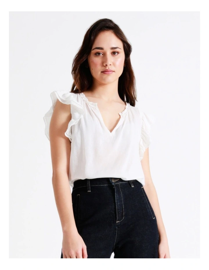 Basque Organic Cotton Blend Ruffle Shoulder Top In White 5 Basque Organic Cotton Blend Ruffle Shoulder Top In White - Image 3