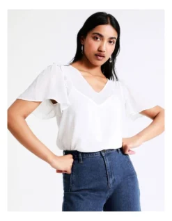 Basque Flutter Sleeve Top In Ivory