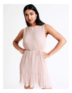 Basque Self Tie Pleated Mini Dress In Dusty Pink