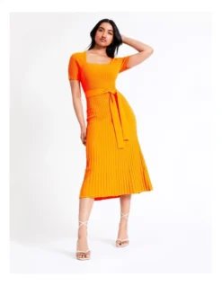 Basque Organic Cotton Ribbed Knit Midi Dress In Orange