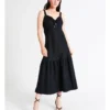 Basque Front Tie Linen Midi Dress In Navy