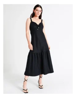 Basque Front Tie Linen Midi Dress In Navy