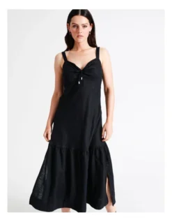 Basque Front Tie Linen Midi Dress In Navy -Basque Store Online 936115840 6 720x928