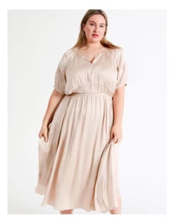 Basque Waist Detail Bruised Poly Satin Midi Dress In Dusty Pink