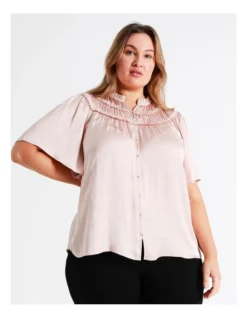 Basque Ruched Neck Satin Top In Dusty Pink
