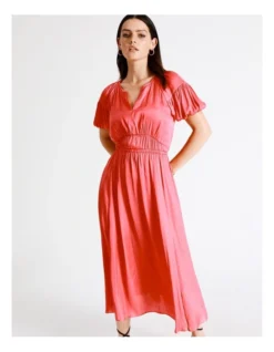 Basque Waist Detail Bruised Poly Satin Midi Dress In Coral