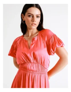 Basque Waist Detail Bruised Poly Satin Midi Dress In Coral -Basque Store Online 940265290 3 720x928