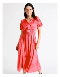 Basque Waist Detail Bruised Poly Satin Midi Dress In Coral -Basque Store Online 940265290 4 720x928
