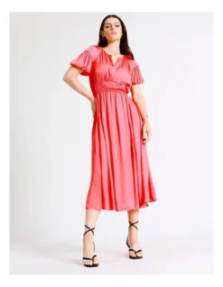 Basque Waist Detail Bruised Poly Satin Midi Dress In Coral -Basque Store Online 940265290 5 720x928