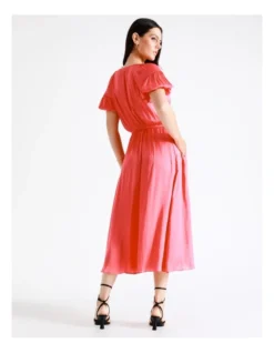 Basque Waist Detail Bruised Poly Satin Midi Dress In Coral -Basque Store Online 940265290 6 720x928