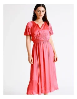Basque Waist Detail Bruised Poly Satin Midi Dress In Coral -Basque Store Online 940265290 7 720x928