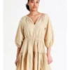 Basque Organic Cotton Tiered Mini Dress In Beige