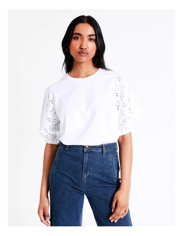 Basque Cotton Broderie Sleeve Tee In White 3 Basque Cotton Broderie Sleeve Tee In White