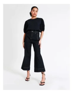 Basque Cotton Broderie Sleeve Tee In Navy