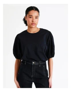 Basque Cotton Broderie Sleeve Tee In Navy -Basque Store Online 945496810 3 720x928