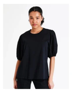 Basque Cotton Broderie Sleeve Tee In Navy -Basque Store Online 945496810 5 720x928