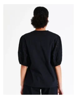 Basque Cotton Broderie Sleeve Tee In Navy -Basque Store Online 945496810 6 720x928