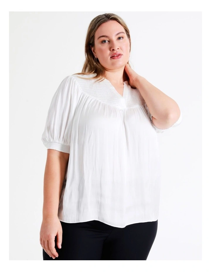 Basque Shirred Yoke Recycled Bruised Poly Satin Top In Ivory 3 Basque Shirred Yoke Recycled Bruised Poly Satin Top In Ivory