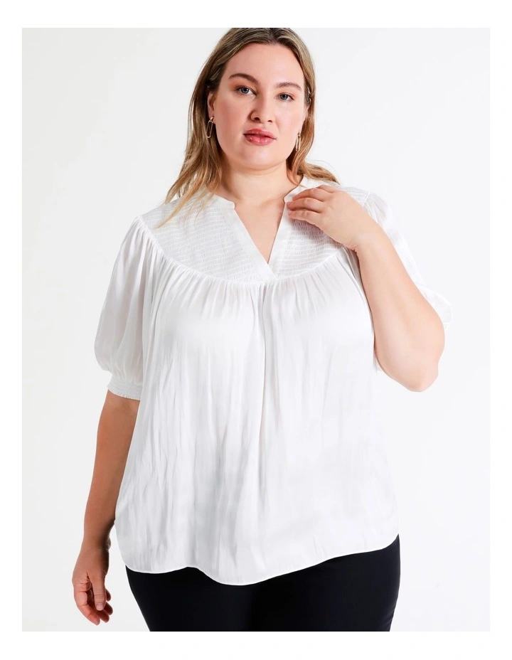 Basque Shirred Yoke Recycled Bruised Poly Satin Top In Ivory 8 Basque Shirred Yoke Recycled Bruised Poly Satin Top In Ivory - Image 6