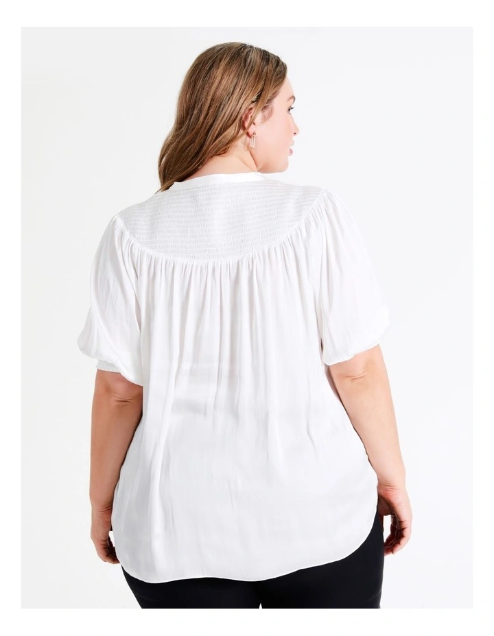 Basque Shirred Yoke Recycled Bruised Poly Satin Top In Ivory 9 Basque Shirred Yoke Recycled Bruised Poly Satin Top In Ivory - Image 7